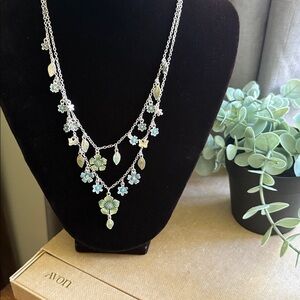Cottagecore Floral Layered Statement Necklace | Soft Blue & Sage Silver NIB 169